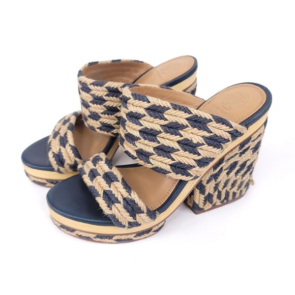 Tory Burch Heels Womens 8 Sandals Slip On Platform Slide Chunky Jute Woven Lola - Picture 2 of 10